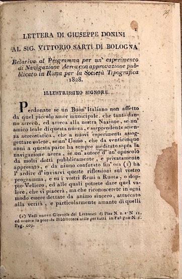 Giuseppe Donini Lettera di Giuseppe Donini al Sig. Vittorio Sarti di Bologna relativa al Programma per un esperimento di Navigazione Aerea con approvazione pubblicato in Roma per la Società  Tipografica 1828 1828 in Città  di Castello s.t.